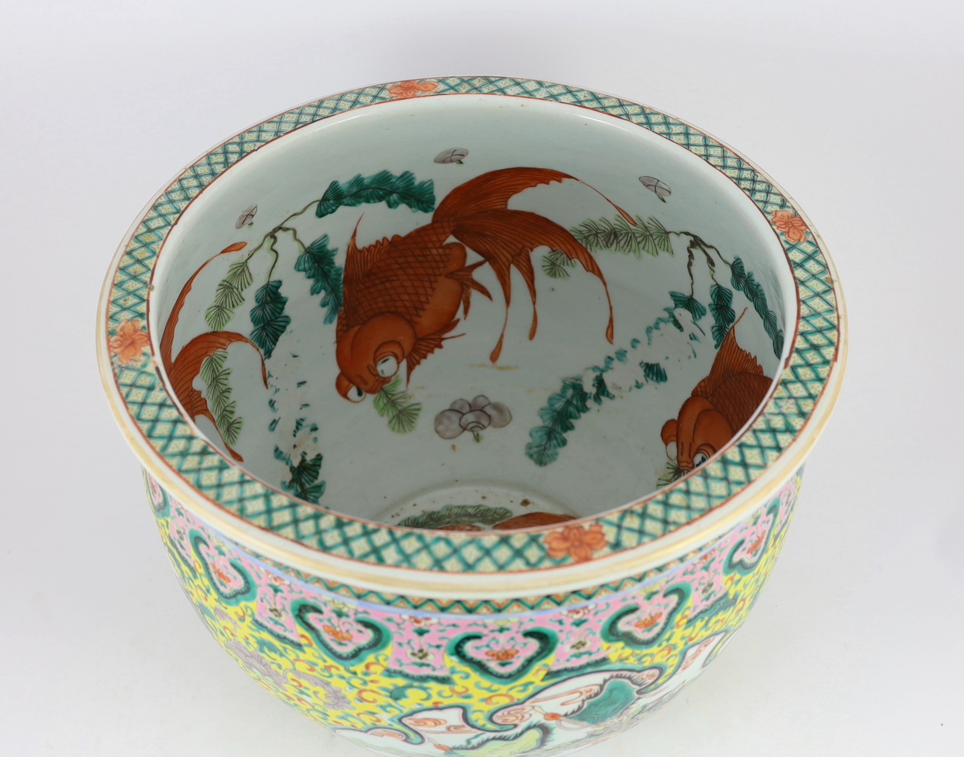 A Chinese enamelled porcelain goldfish bowl, late 19th century, 42cm diameter 35cm high, several short hairline cracks to the body